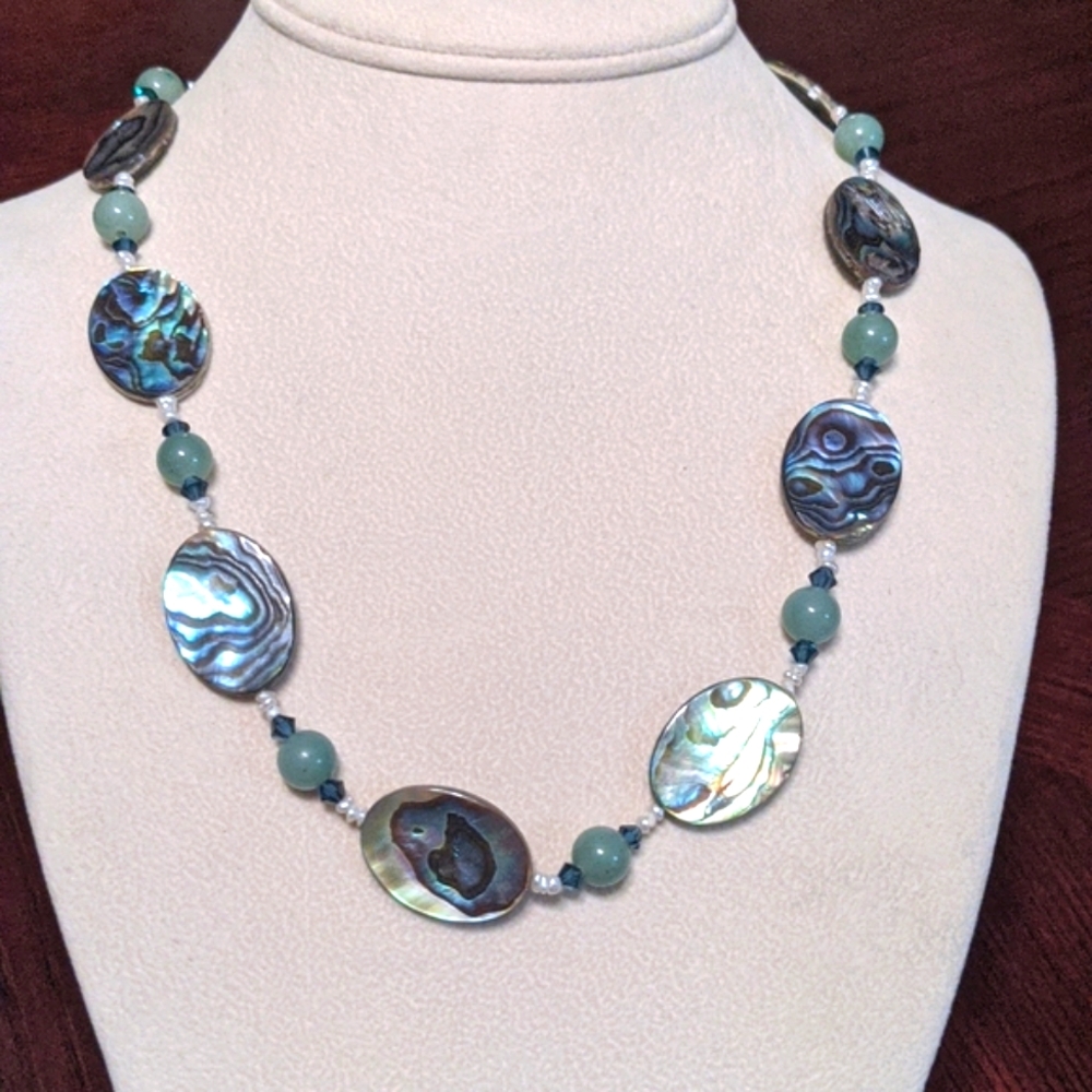 Necklace Abalone, Pearl, Jade & Blue Crystal